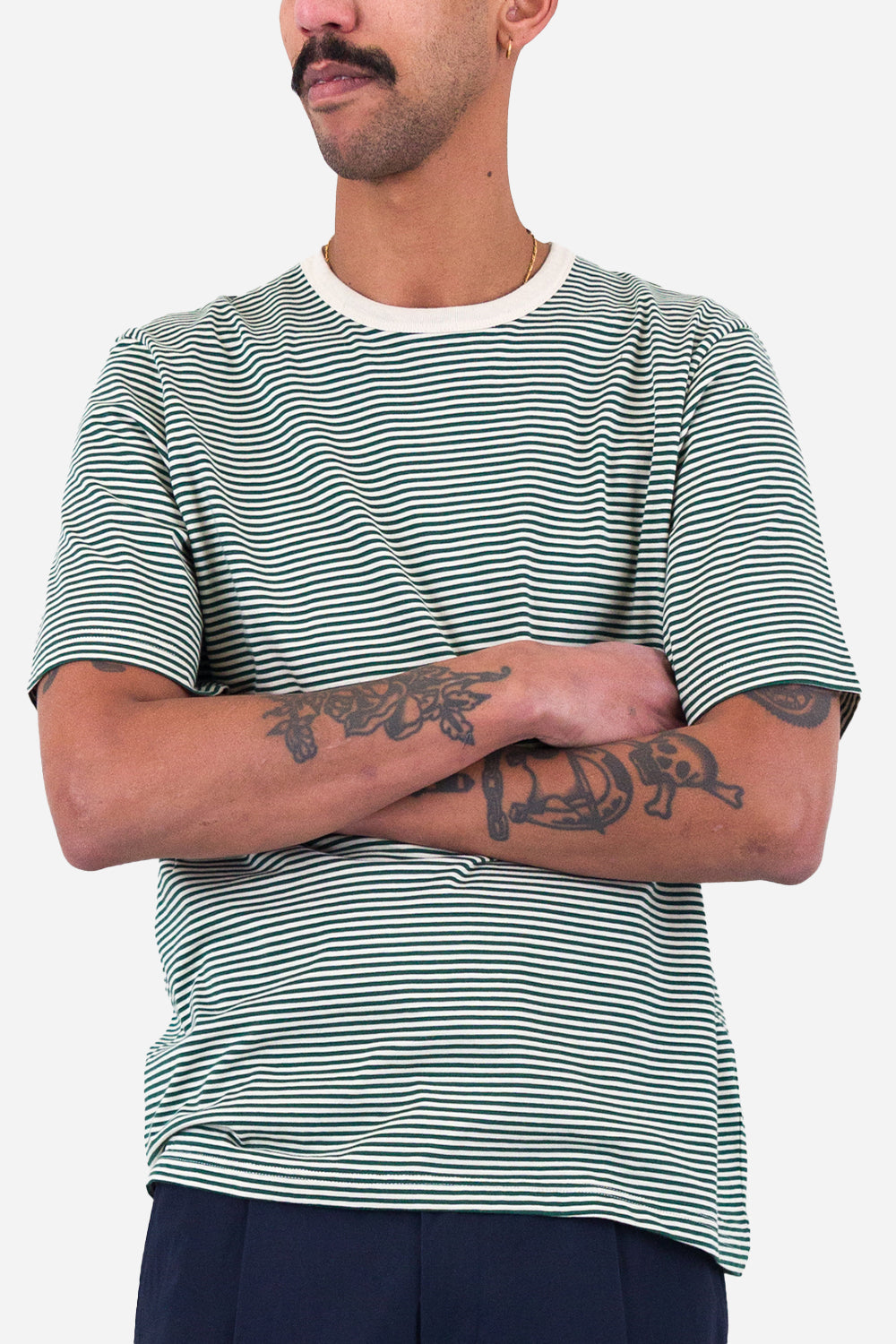 Folk 1x1 Stripe T-Shirt (Phthalo Green/Ecru)